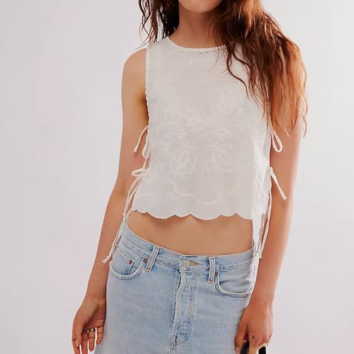Women Y2k Side Tie Tank Top Lace Up Flower Embroidery Vest Cami Shirts Summer Cute Boho Top4