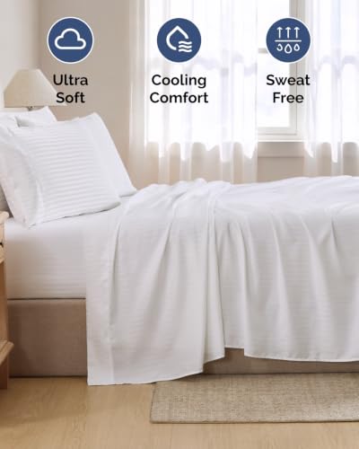 Image of Queen 6 Piece Bed Sheet Set - Breathable & Cooling Sheets - Striped White