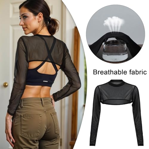 Image of Grevosea See Through Mesh Crop Top Sheer Black Mesh Long Sleeve Top Bolero Shrug Arm Sleeves for Women Shoulder Cover for Dress (L)