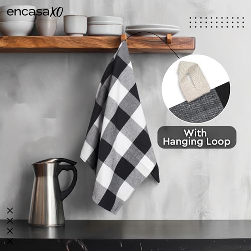 Image of Encasa XO Kitchen Towels Cotton Pack of 4 | 70x45 cm, Buffalo Black Checks - Dish Cloths | Highly Absorbent Cleaning & Wiping Cloths for Kitchen | Reusable Tea Towels