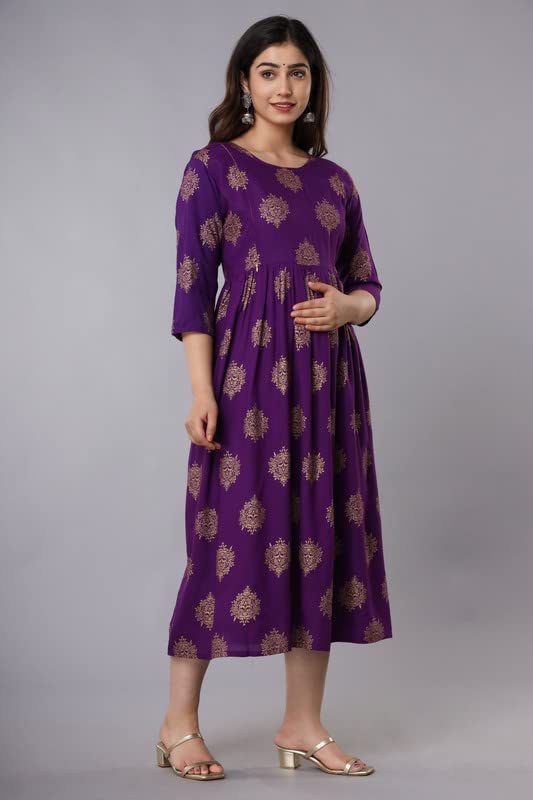 Image of Vinny's Creation Women's Cotton Maternity Kurti | Floral Printed Feeding Kurta with Hidden Zipper | Stylish Pregnancy Gown & Nursing Dress for Womens