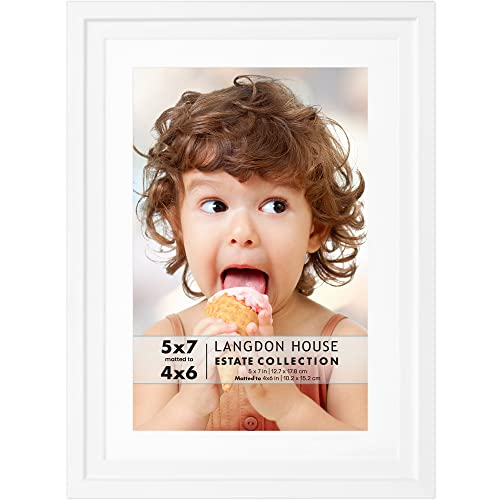 Image of Langdon House 5x7 White Picture Frame w/Removable Mat to 4x6, Modern Step-Down Molding, Tabletop Easel Included, Estate Collection
