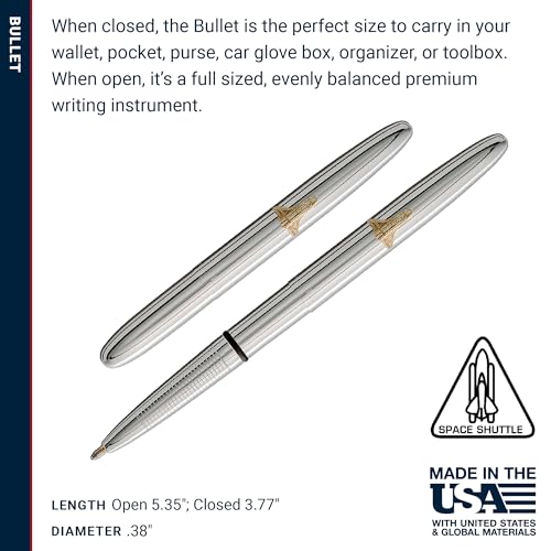 Image of Fisher Space Pen Chrome Shuttle Emblem Bullet Pen, Pressurized Ballpoint Pen, Compact Size, Writes Upside Down, Extreme Temperatures, Smooth Black Ink, Medium Point, Gift Box, Made in USA