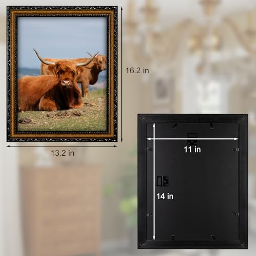 Image of Black Picture Frames 11x14 Vintage Picture Frame Wood | Real Glass, Matted 9x12 or 11 x 14 Photos, Easy Photo Changes, Wall Hanging