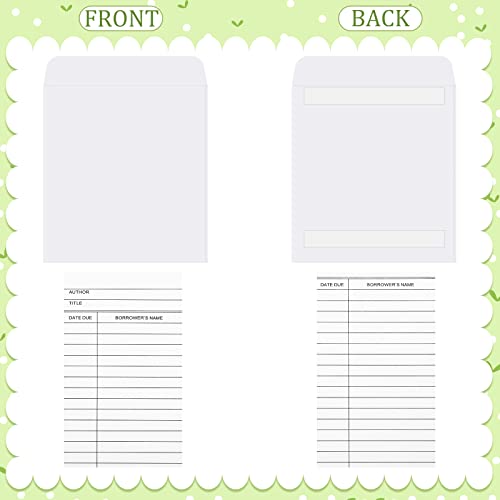 Tarjetas de biblioteca blancas con sobres autoadhesivos para control de préstamos de libros 3