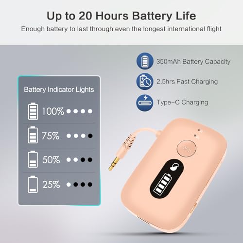 Image of SIMOLIO Airplane Bluetooth Adapter, 20 Hr Playtime, Supports 2 Earbuds /Wireless Headphones, 3.5mm AUX Wireless Audio Transmitter for TV, Gym Equipment, Controller, MP3 Player
