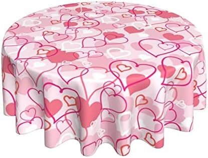 Aitukang Valentines Day Tablecloth Round 60 Inch,Pink Heart Table Cloth Water Resistant Washable Polyester Valentine's Day Table Cover for Kitchen Dining Table Party Decorations
