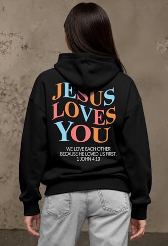 Tewmeu Faith Over Fear Hoodie Christian Hoodies Jesus Loves You Graphic Tee — view 3