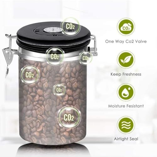 Image of Container for Ground Coffee, Coffee Beans - Coffee Canister 1200 ml with Built in Valve Stainless Steel Airtight with Scoop, Storage for Beans, Grounds, Tea, Sugar (Set of 1)