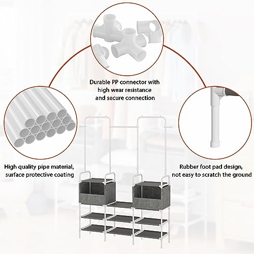 Laiensia Clothes Rack,3 Rods Portable Clothing Hanging Garment Rack,Coat and Shoe Rack with 9 Storage Shelves and 2 Storage Pockets,for Bedroom,Entryway,Living room,Grey&White - Thumbnail 6