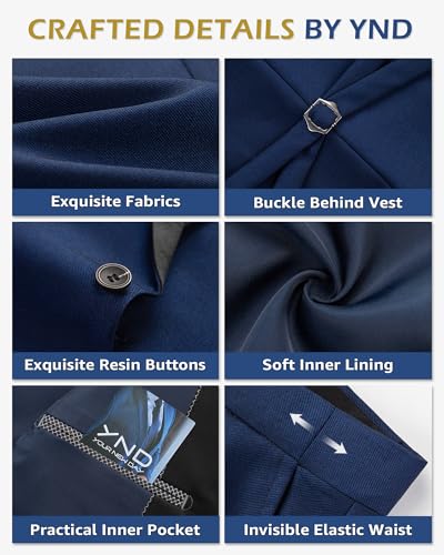 YND Men's 3 Piece Tuxedo Set with Bow Tie, Slim Fit One Button Shawl Lapel Suit Blazer Vest Pants, for Wedding Prom Dinners3