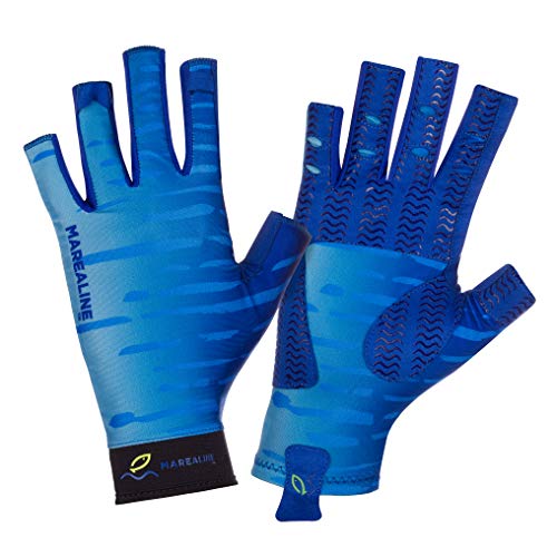 MAREALINE Fishing Gloves UV Sun Protection SPF 50 Fingerless, Sailing, Kayaking in Men and Women Sizes. (Large, Blue Marlin)