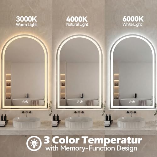 Image of Sweetcrispy 28 inchx36 inch LED Bathroom Backlit Mirror with Lights, Arched Vanity Mirror with Anti-Fog, Dimmable, 3-Color Light, Memory Function, Tempered Glass
