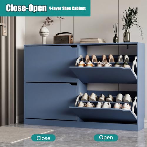 Image of Xixini Shoe Storage Cabinet for Entryway with 4 Flip Drawers, Sturdy Wood Hidden Shoe Storage, Freestanding Narrow Slim Shoe Organizer for Front Door Entrance, Living Room, Hallway, Bedroom, Blue