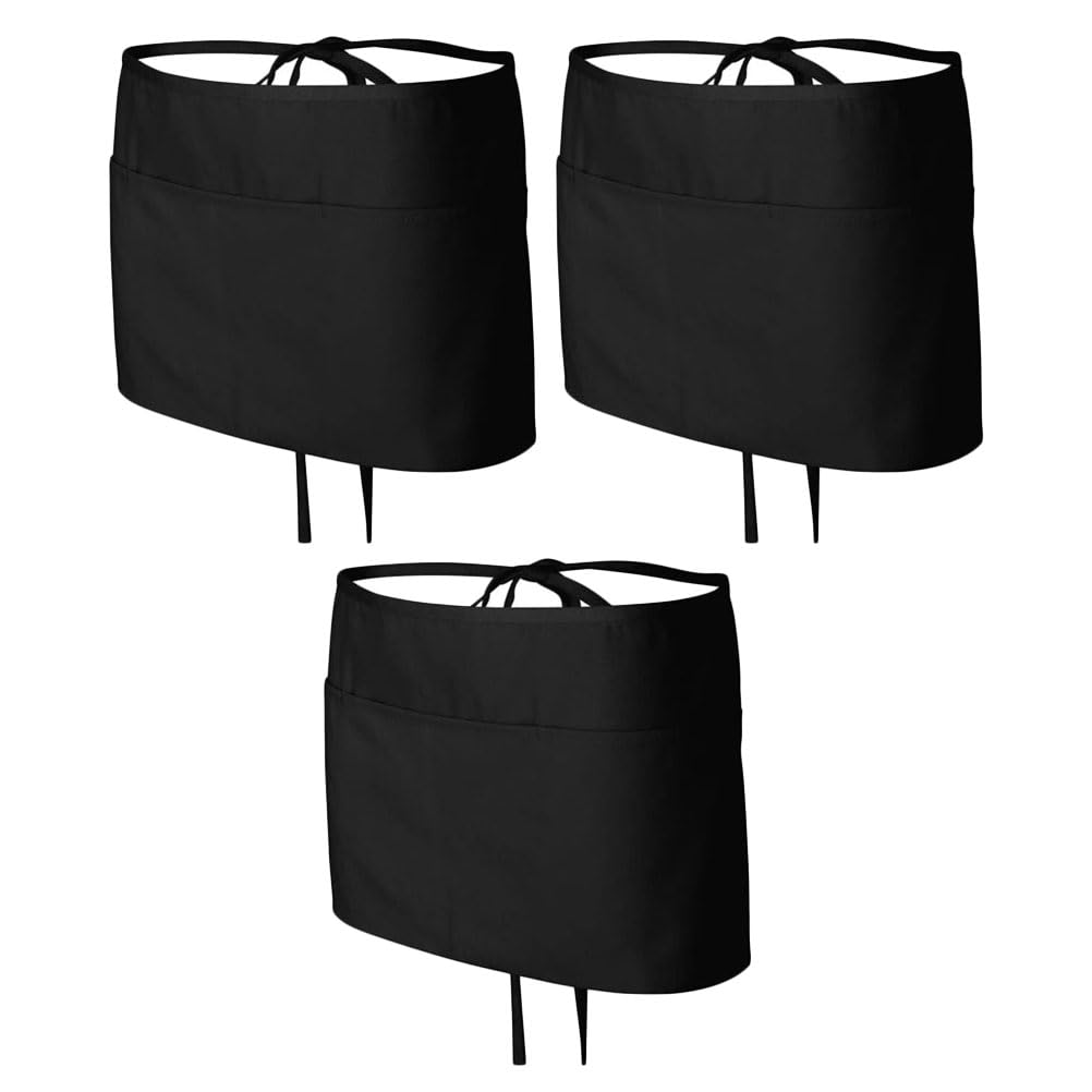 Delantal de Trabajo Ajustable de 3 Piezas en Poliéster Algodón Negro | Bolsillos Grandes, Ligero y Transpirable, para Personal de Servicio en Restaurantes, Bares y Cafeterías