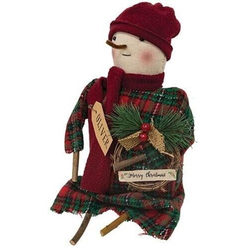 Primitive Christmas Plaid TWIG Snowman Doll Holding Wreath Figure 14 for Home Farmhouse Kitchen Party Holiday Decor