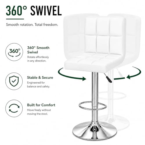 Image of Kemon KaiMeng Modern Adjustable Swivel Bar Stool Chair with Backrest, PU Leather Hydraulic Counter Stool with Footrest for Kitchen Island, Cafe & Home Bar, White, Square Tufted Back Stool