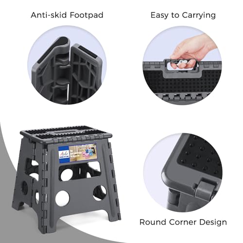 Image of ACKO Folding Step Stool 13 inch Height Premium Heavy Duty Foldable Step Stools for Adults and Kids, Kitchen Plastic Small Collapsible Stepping Stool Hold Up to 300 LB Dot Grey (1 Pack)