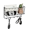 OROPY Mail Holder with Key Hooks, 11in L×3.1in W×6.1in H, Wall Mounted Matte Black Metal Wire Mesh Storage Basket with 5 Hooks, Easy to Organize Letters, Magazines, Keys, Leashes for Entryway