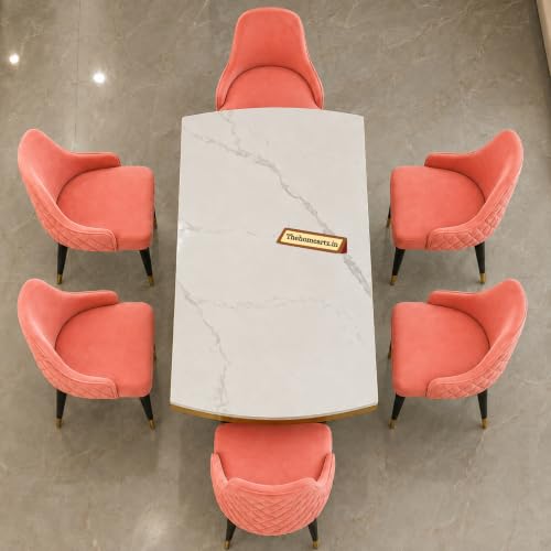 Image of 6-Seater Modern Elite Opal Storage Wooden Dining Table Set | 2 Year Warranty | Created Italian Statuario Marble Top | Elegant Composite Marble Table with 6 Chairs (Pink)