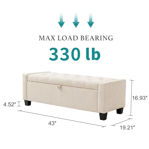 Image of Huatean Home 43 inch Ottoman with Storage, Storage Ottoman Bench with Safety Hinge, Upholstered Entryway Bench with Seating for Bedroom, Living Room, Holds up to 330 lb, Beige