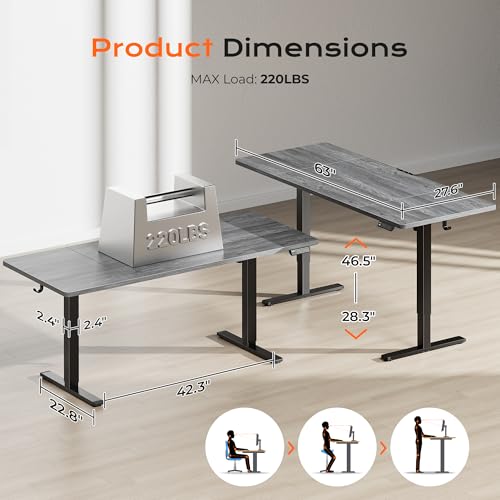 Image of Huuger 63 x 28 Large Electric Standing Desk, Height Adjustable Computer Desk, 27.6 inch Deep Desktop, Stand up Gaming Office Table with 2 Hooks, 3 Preset Heights, for Home Office, Grey