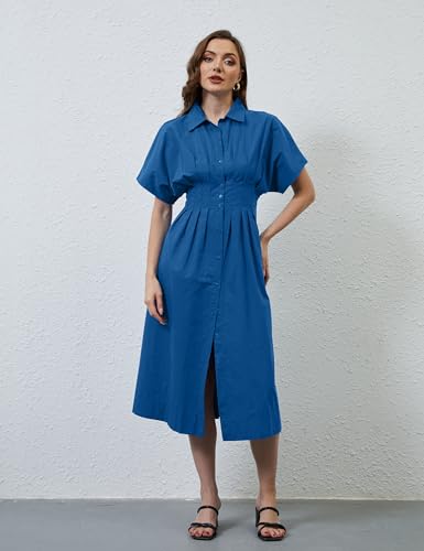 Image of MSBESYOR Women Button Front Pleated Shirt Maxi Dress Summer Striped Prints Short Sleeve Collar Casual Long Dresses