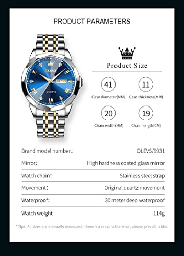 OLEVS Mens Watch Stainless Steel Analog Quartz Watches for Men Day Date Easy Read Diamond Waterproof Dress Luxury Classic Casual Big Face Blue/Black/Gold/Silver Roman Arabic Numerals Men's Wrist Watch