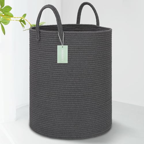 Image of Large Cotton Rope Laundry Hamper for Clothes 65L, Dark Gray