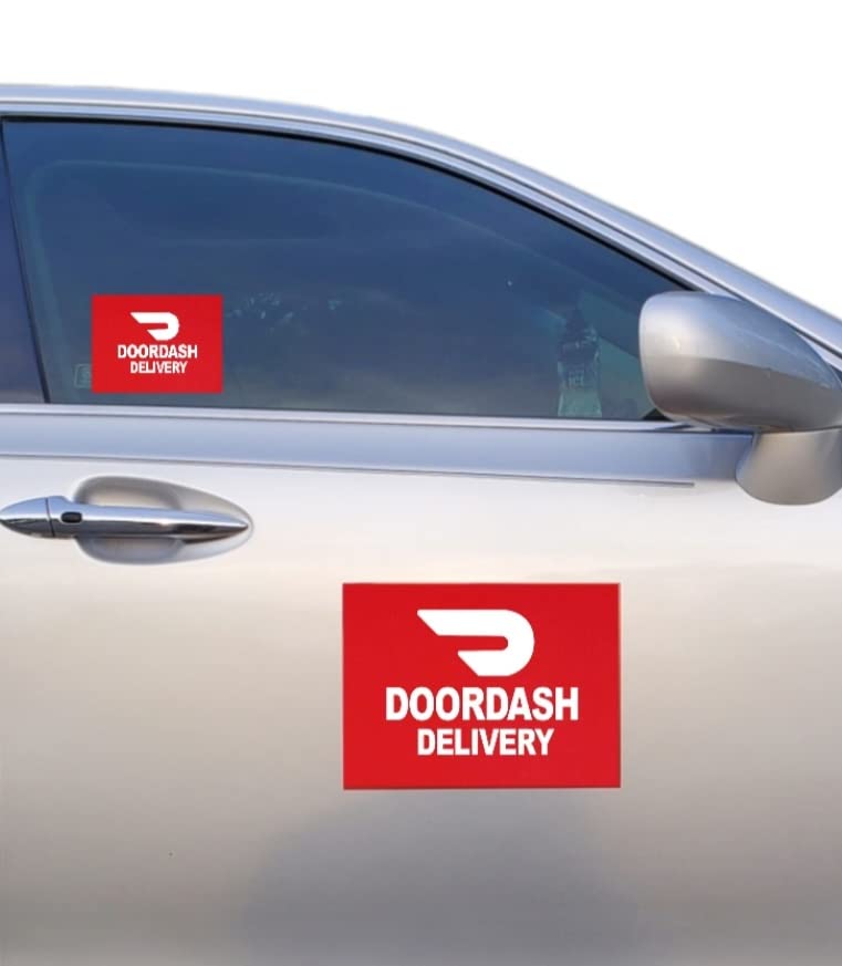 Image of UPGRADED Doordash Car Magnets Door Signs And Stickers for Delivery Drivers (Set of 4) 11x7 and 4x4 (Red Background DD)