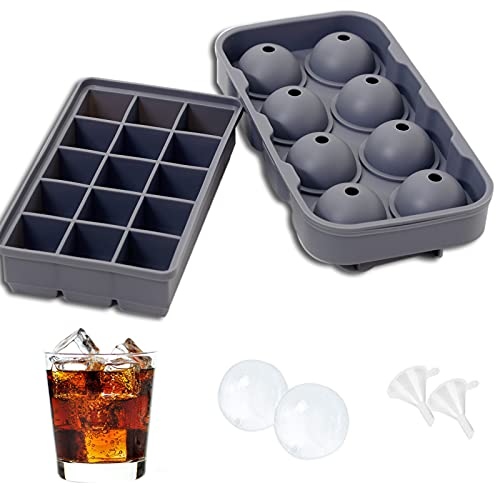 Ice Cube Trays (2 Pack), Silicone Sphere Whiskey Ice Ball Maker with Lids, Large Square Ice Cube Molds for Cocktails, Bourbon, Can Reusable, BPA Free (Grey)