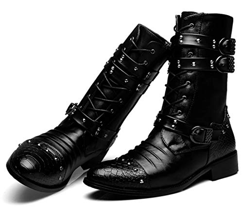 Santimon Men's Boots Retro Studded Rivet Buckle Zipper Western Motorcycle Combat Boot Heavy Metal Punk Rock Black3