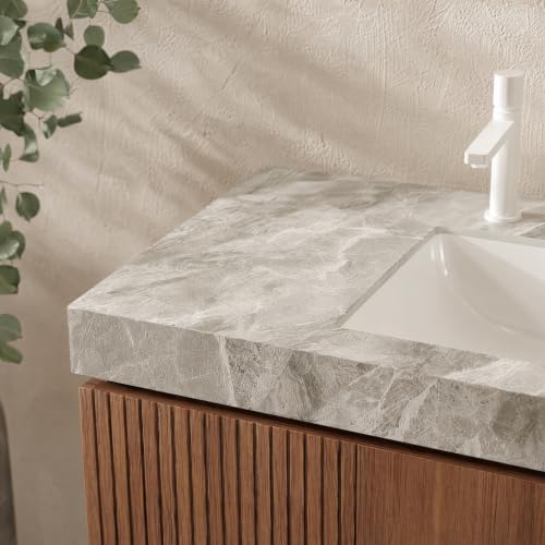 Image of 48 Inch Floating Bathroom Vanity with Sink, Modern Wall Mounted Bathroom Storage Vanity Cabinet with Sintered Stone Countertop, Brown Oak