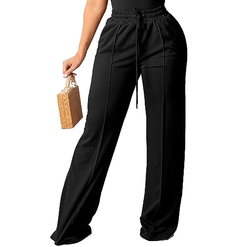 PINSV Women's Casual Wide Leg Pants High Waisted Drawstring Baggy Sweatpants Elastic Straight Leg Lounge Pants