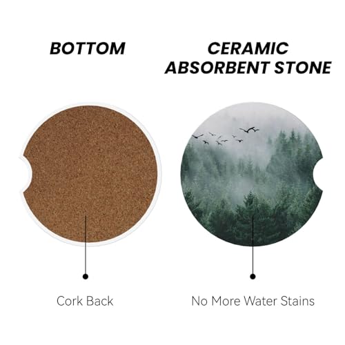 Image of Forest Tree Car Coasters for Cup Holder Absorbent Ceramic Cup Coaster 2 Pack Anti Slip Car Interior Accessories with Finger Notch Cork Base for Women Men 2.56 inch