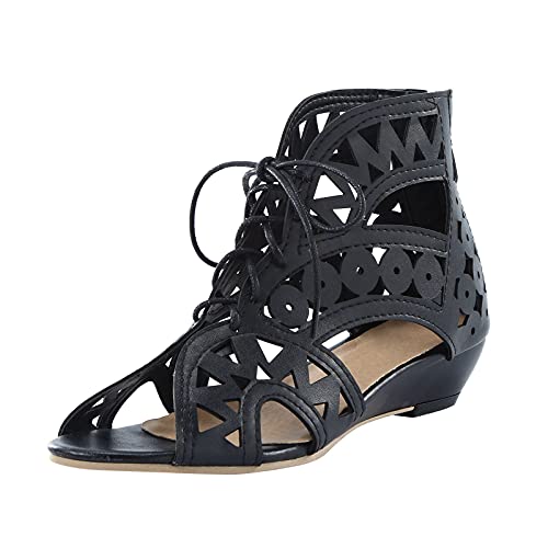Pointed Toe Chunky Heeled Sandals for Women, Gladiator Sandals Flat Summer Beach Sandals Lace Up Boho Cutout Roman Sandals3
