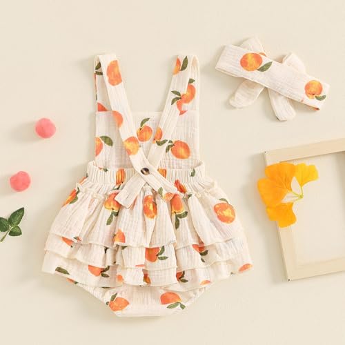 Baby Girl Peach Clothes Cotton Linen Fruit Overalls Romper Sleeveless Side Tiered Ruffled Jumpsuit Summer Outfit4