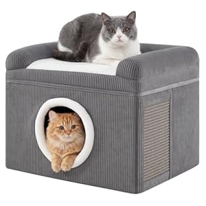 COSTWAY Katzenhaus faltbar, Katzenhöhle mit Sisal-Kratzmatte, weiches Kissen, erhöhten Kanten & Rutschfester Boden, Katzenbett für 2 Katzen, Indoor, bis 15 kg, Cordstoff, 49 x 41 x 39 cm (Grau)