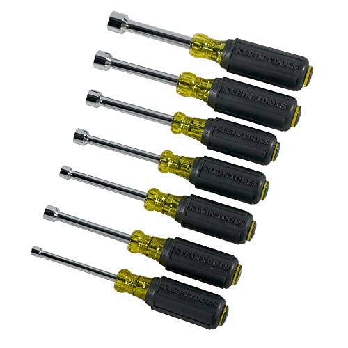 Klein Tools 631 Tool Set, Nut Driver Set w/Hex Nut Sizes 3/16, 1/4, 5/16, 11/32, 3/8, 7/16 and 1/2-Inch on 3-Inch Full Hollow Shaft, 7-Piece
