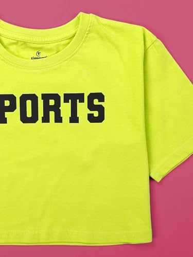 Image of KiddoPanti Girls 100% Cotton Solid Drop Shoulder Half Sleeve Round Neck Crop Tee