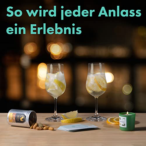Couchtasting Gin Tasting Set mit 4 Flaschen a 50ml, 2 Gläsern, spannendem Kartenspiel und Nussmischung - das perfekte… – Bild 5