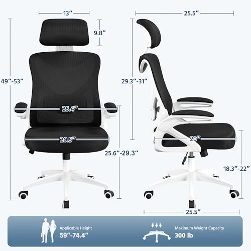 POMILER Office Chair Home Ergonomic Desk Mesh Chair with Adjustable Padded Headrest Rolling Swivel Comfy Computer Chairs for Bedroom, Study, Dorm, Student, Adults, White/Black - Thumbnail 3