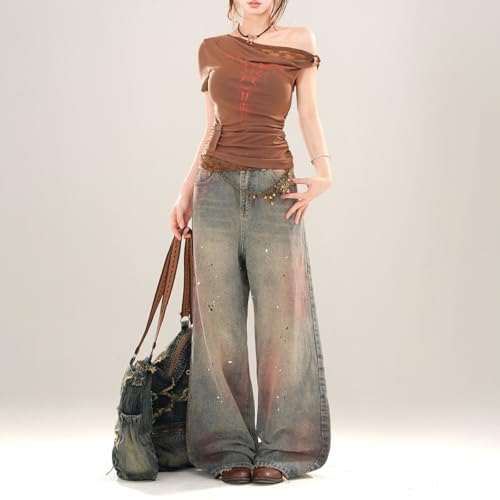 Harajuku Vintage Women's High Waisted Straight Leg Jeans Y2K Casual Colorful Tie-Dye Gradual Denim Pants3