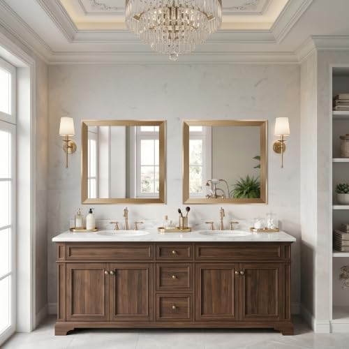 Image of DESBING 24 inchx24 inch Gold Bathroom Mirrors for Over Sink, Tempered Glass, Metal Frame, Rectangle Vanity Wall Mirror for Bathroom, Living Room, Bedroom, Horizontally or Vertically