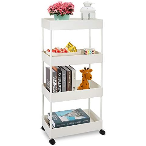 Narrow Storage Cart 4-Tier Rolling Utility Storage Cart, Mobile Shelving Unit Rolling Bathroom Carts, Slide Out Storage Cart Storage Shelf Rack for Kitchen Office Bathroom Laundry Room Narrow Places Cover
