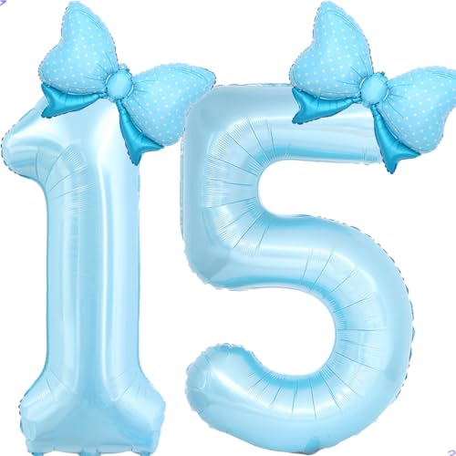 Image of Light Blue 15 Balloon Number Blue Coquette Birthday Decorations for Girls, Blue Bow Balloons Foil Mylar Large 40 inch 15 Balloon for Girls Bows Coquette 15th Birthday Party Decorations Supplies