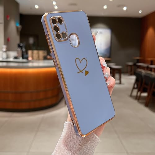 LSOUGUK Compatible with Samsung Galaxy A21S Case Love Heart Pattern Electroplated Design Soft TPU Shockproof Protective Phone Case Full Camera Lens Protection Cover for Samsung Galaxy A21S-Blue