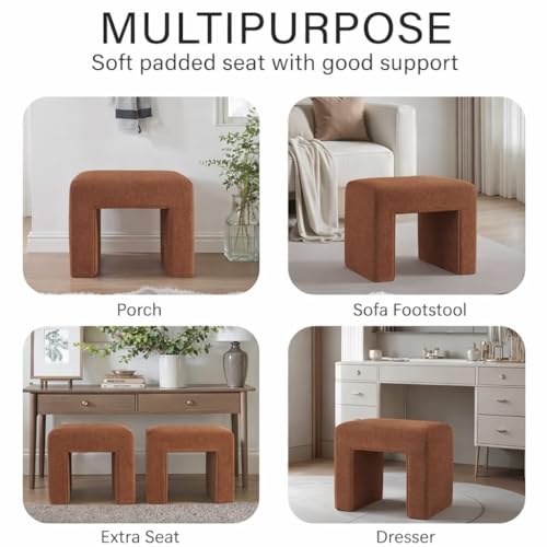 Image of Kundi Modern Boucle Vanity Stool Chair with Wooden Legs - Soft Ottoman Footstool for Makeup Room, Living Room, Entryway & Office (White) (Brown)