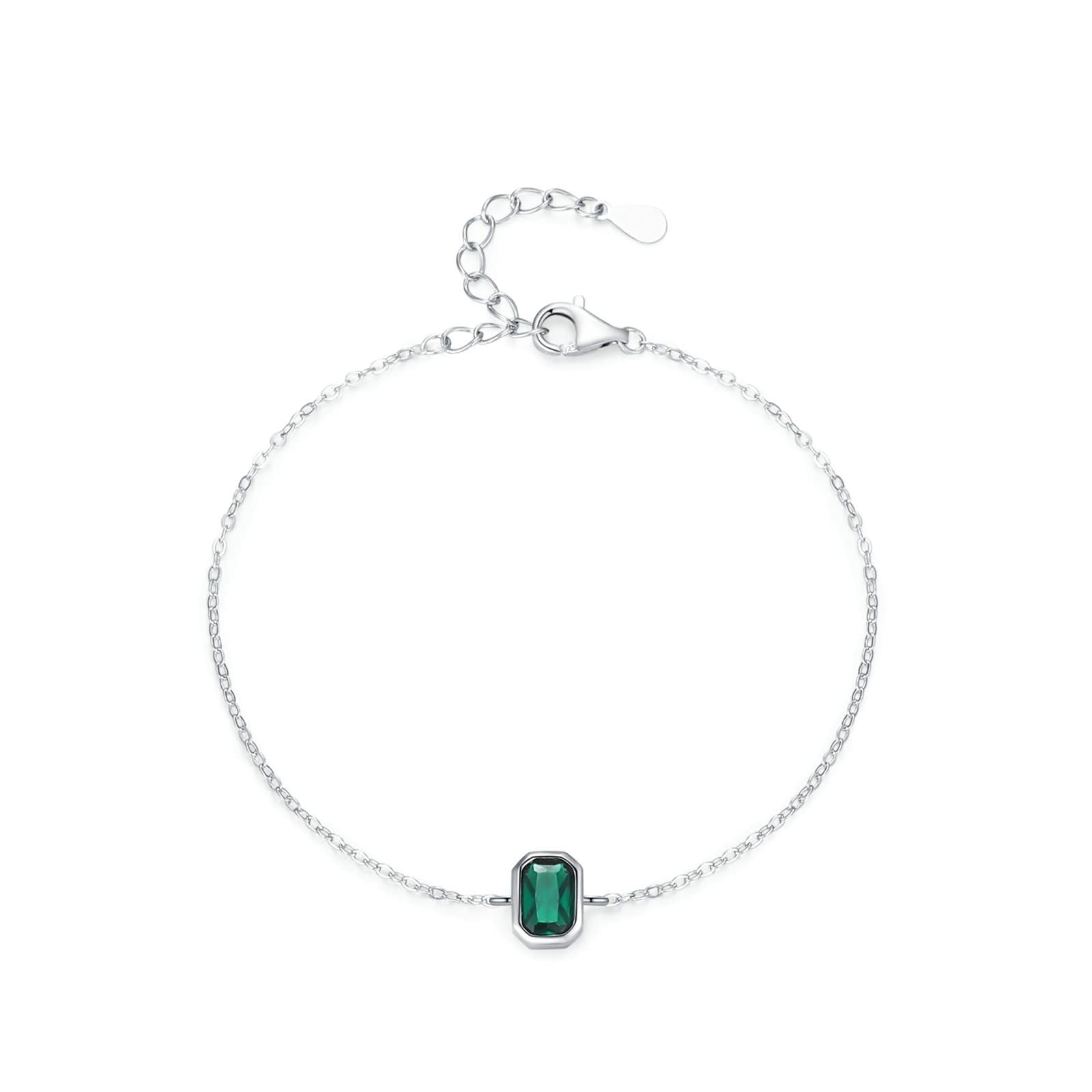 Pulsera de Mujer de Oro Blanco 9 Kilates / 14 Kilates / 18 Kilates, Rectángulo con Esmeralda Creada, Cadena Extensible 16 CM + 5 CM, Pulsera de Plata Verde de Mujer