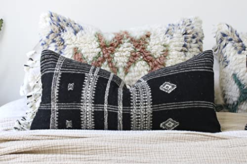 Casa Boho Lumbar Pillow Cover Indian Bhujodi Pillows Japandi Decor Pillows Plaid Decor Pillows Plaid Throw Pillows For Bedroom Decor Boho Decorative Pillows Wabi Sabi Decor Wool Pillows Black 12X24 #TOP5